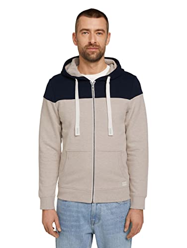 TOM TAILOR Herren Sweatjacke mit Colorblocking 1021268, 27679 - Cosy Soft Beige Melange, XL von TOM TAILOR