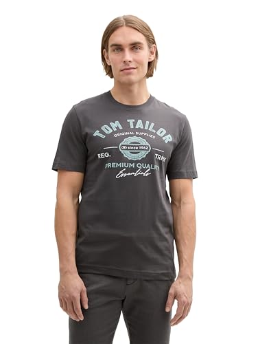 TOM TAILOR Herren T-Shirt mit Logo-Print aus Baumwolle, Tarmac Grey, S von TOM TAILOR