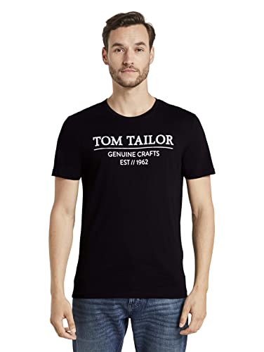 TOM TAILOR Herren T-Shirt mit Logo-Print aus Bio-Baumwolle, Black, S von TOM TAILOR