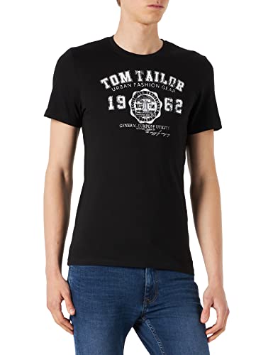 TOM TAILOR Herren T-Shirt mit Logoprint 1027028, 29999 - Black, XXS von TOM TAILOR