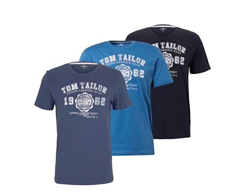 TOM TAILOR Herren T-Shirts mit Logo-Print im 3er Pack (DE/NL/SE/PL, Alphanumerisch, XXL, Regular, Regular, Mid Summer Blue/Indigo Blue/Knitted Navy) von TOM TAILOR