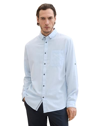 TOM TAILOR Herren Tailliertes Hemd mit Turn-Up Ärmeln, blue horizontal structure, L von TOM TAILOR