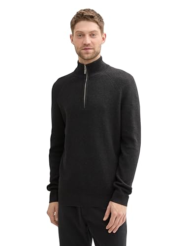 TOM TAILOR Herren Troyer Strickpullover aus Baumwolle, 10617 - Black Grey Melange, L von TOM TAILOR