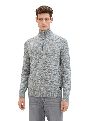 TOM TAILOR Herren Troyer Strickpullover aus Baumwolle, dusty dark teal mouline, L von TOM TAILOR