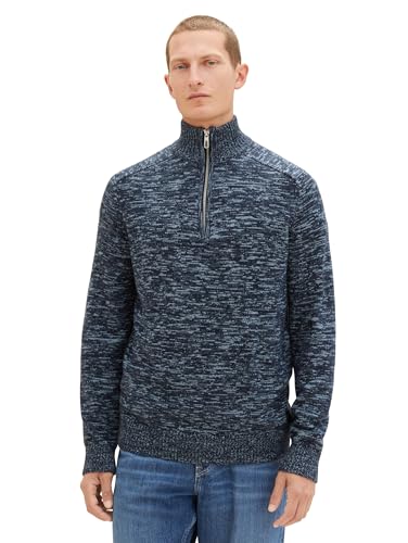 TOM TAILOR Herren Troyer Strickpullover aus Baumwolle, navy multicolor mouline, L von TOM TAILOR