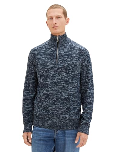 TOM TAILOR Herren Troyer Strickpullover aus Baumwolle, navy multicolor mouline, M von TOM TAILOR