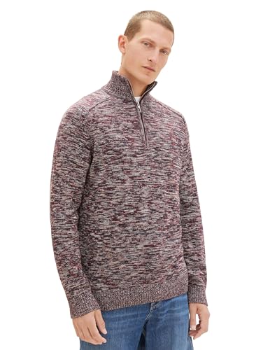 TOM TAILOR Herren Troyer Strickpullover aus Baumwolle, tawny port red mouline, M von TOM TAILOR