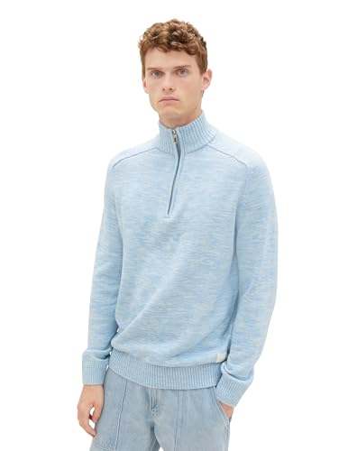 TOM TAILOR Herren Troyer Strickpullover aus Baumwolle, washed out middle blue mouline, XL von TOM TAILOR