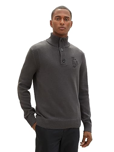 TOM TAILOR Herren Troyer Strickpullover mit Knopfleiste aus Baumwolle, Tarmac Grey, XL von TOM TAILOR