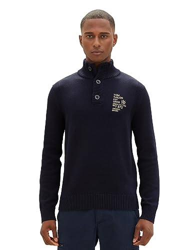 TOM TAILOR Herren Troyer Strickpullover mit Knopfleiste aus Baumwolle, sky captain blue, S von TOM TAILOR