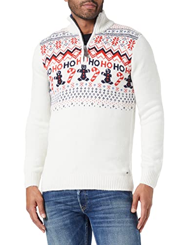 TOM TAILOR Herren Weihnachtspullover mit Stehkragen 1032308, 30804 - White Navy Placed Jacquard, S von TOM TAILOR