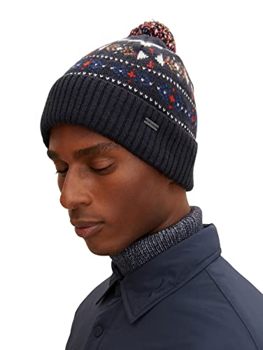 TOM TAILOR Herren Wintermütze mit Bommel 1034385, 30798 - Navy Red Allover Jacquard, ONESIZE von TOM TAILOR