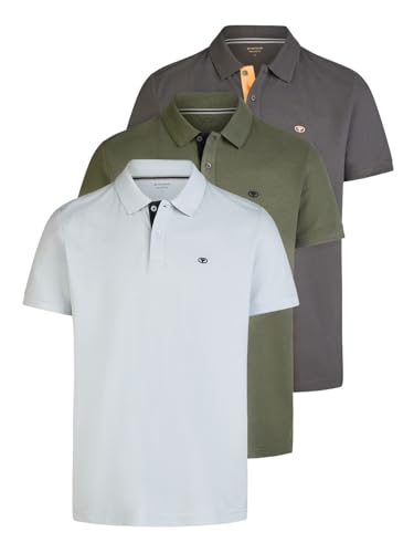 TOM TAILOR Poloshirt Herren Kurzarm Baumwolle Regular Fit 3er Set-Pack Shirt Sommer Basic Einfarbig, Größe:M, Farbe:Soft Foggy Light Blue (34110) von TOM TAILOR