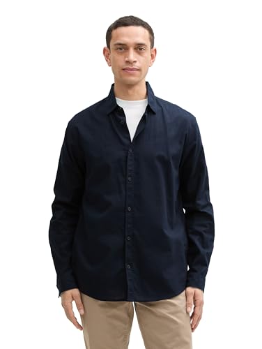 TOM TAILOR Regular Fit Kurzarmhemd mit Leinenanteil, Navy Turquoise Check, L von TOM TAILOR