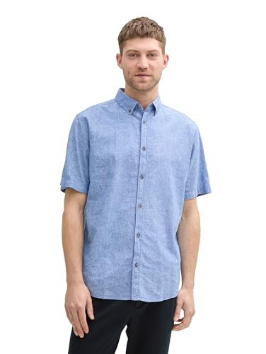 TOM TAILOR Regular Fit Kurzarmhemd mit Leinenanteil, Tarmac Grey Chambray, M von TOM TAILOR
