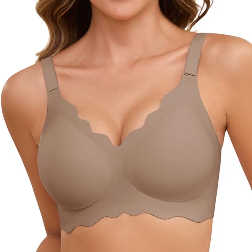 TOMEEK BH Damen Ohne Bügel Bequemer, Nahtloser V-Ausschnitt Push Up Minimizer BHS Seamless T Shirt BH Soft Schlaf Gewellte Ränder Bra mit Zusätzlicher BH-Verlängerung(Grau,M) von TOMEEK