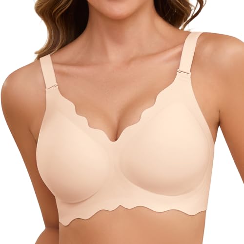 TOMEEK BH Damen Ohne Bügel Bequemer, Nahtloser V-Ausschnitt Push Up Minimizer BHS Seamless T Shirt BH Soft Schlaf Gewellte Ränder Bra mit Zusätzlicher BH-Verlängerung(Hautfarbe,XL) von TOMEEK