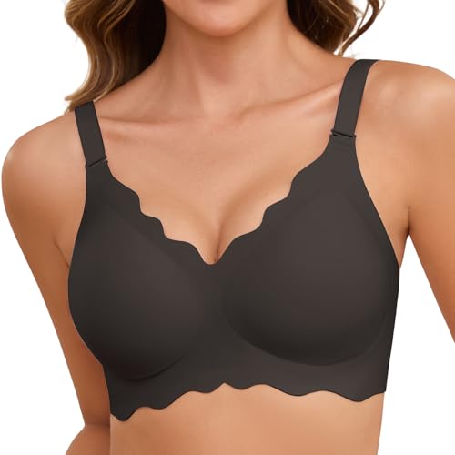 TOMEEK BH Damen Ohne Bügel Bequemer, Nahtloser V-Ausschnitt Push Up Minimizer BHS Seamless T Shirt BH Soft Schlaf Gewellte Ränder Bra mit Zusätzlicher BH-Verlängerung(Helles Schwarz,XL) von TOMEEK