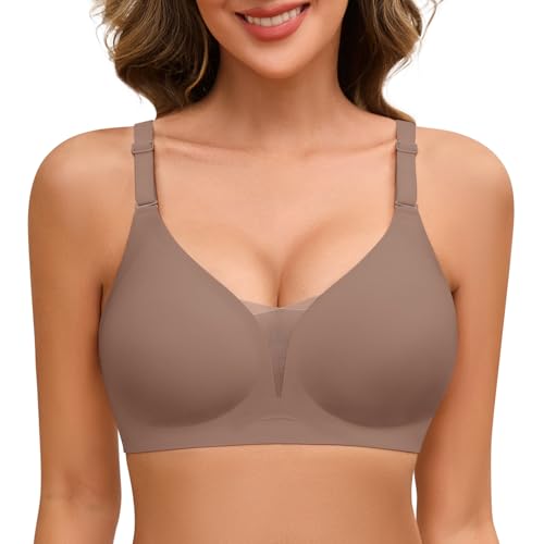 TOMEEK BH Damen Ohne Bügel Nahtloser Mesh Tiefem V-Ausschnitt Damen-BHS Push Up Soft Schlaf Seamless Bequem Bügelloser BH Breite Träger Gepolstert Große Brüste(Grau,XL) von TOMEEK