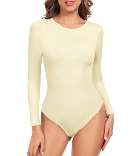 TOMEEK Body Damen Langarm Bauchweg Bodysuit Formender Shapewear Damen Elegant Body Shaper Langarmbody Rundhals Gerippt Damenbody Tanga(Beige,M) von TOMEEK