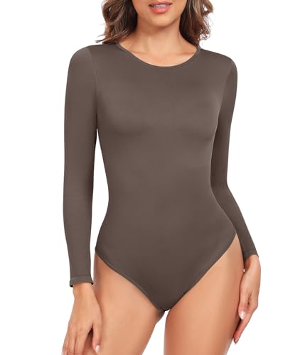 TOMEEK Body Damen Langarm Bauchweg Bodysuit Formender Shapewear Damen Elegant Body Shaper Langarmbody Rundhals Gerippt Damenbody Tanga(Braun,S) von TOMEEK
