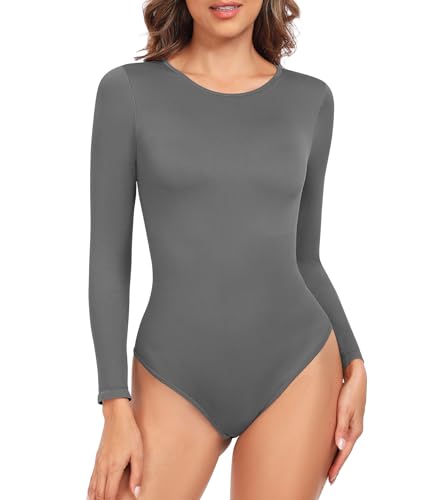 TOMEEK Body Damen Langarm Bauchweg Bodysuit Formender Shapewear Damen Elegant Body Shaper Langarmbody Rundhals Gerippt Damenbody Tanga(Dunkelgrau,L) von TOMEEK