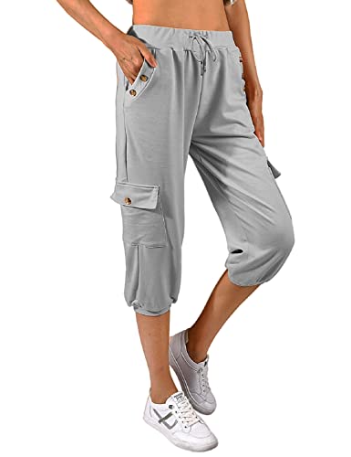 TOMEEK Caprihose Damen Jogginghose 3/4 Sporthose Hose Sommer Freizeithose Sweathose Shorts Einfarbig Baggy Kordelzug Taille Yogahose Trainingshose mit Seitentaschen(Grau,L) von TOMEEK