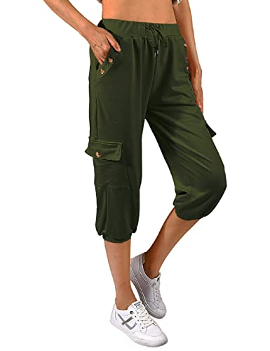 TOMEEK Caprihose Damen Jogginghose 3/4 Sporthose Hose Sommer Freizeithose Sweathose Shorts Einfarbig Baggy Kordelzug Taille Yogahose Trainingshose mit Seitentaschen(Grün,L) von TOMEEK