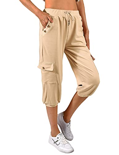 TOMEEK Caprihose Damen Jogginghose 3/4 Sporthose Hose Sommer Freizeithose Sweathose Shorts Einfarbig Baggy Kordelzug Taille Yogahose Trainingshose mit Seitentaschen(Khaki,L) von TOMEEK