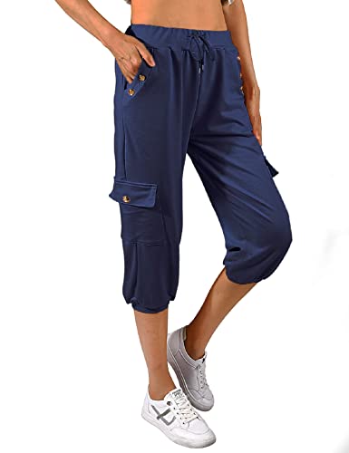 TOMEEK Caprihose Damen Jogginghose 3/4 Sporthose Hose Sommer Freizeithose Sweathose Shorts Einfarbig Baggy Kordelzug Taille Yogahose Trainingshose mit Seitentaschen(Navy Blau,L) von TOMEEK