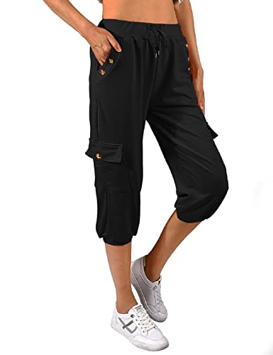 TOMEEK Caprihose Damen Jogginghose 3/4 Sporthose Hose Sommer Freizeithose Sweathose Shorts Einfarbig Baggy Kordelzug Taille Yogahose Trainingshose mit Seitentaschen(Schwarz,M) von TOMEEK