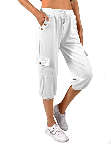 TOMEEK Caprihose Damen Jogginghose 3/4 Sporthose Hose Sommer Freizeithose Sweathose Shorts Einfarbig Baggy Kordelzug Taille Yogahose Trainingshose mit Seitentaschen, Weiss, Größe L von TOMEEK