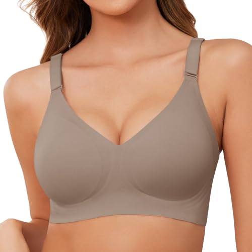 TOMEEK Damen BH Ohne Bügel Nahtloser Bequemer Damen BHS V-Ausschnitt Minimizer-BHS Seamless Push Up Soft BH Schlaf Tshirt BH Trägerverstellbarer Softschalen(Grau,L) von TOMEEK