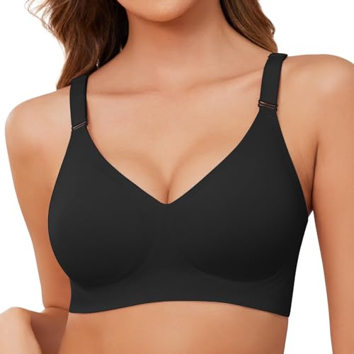 TOMEEK Damen BH Ohne Bügel Nahtloser Bequemer Damen BHS V-Ausschnitt Minimizer-BHS Seamless Push Up Soft BH Schlaf Tshirt BH Trägerverstellbarer Softschalen(Schwarz,S) von TOMEEK