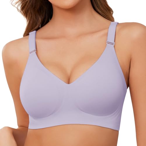 TOMEEK Damen BH Ohne Bügel Nahtloser Bequemer Damen BHS V-Ausschnitt Minimizer-BHS Seamless Push Up Soft Schlaf Tshirt BH Trägerverstellbarer Softschalen (Lila,L) von TOMEEK