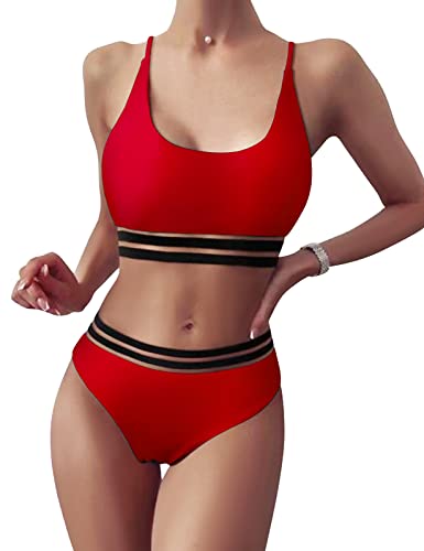 TOMEEK Damen Bikini Set mit Mesh Zweiteilig Badeanzug Push up Gepolstert High Cut Sport Bademode Hohe Taille Bikinis für Frauen(Rot,M) von TOMEEK