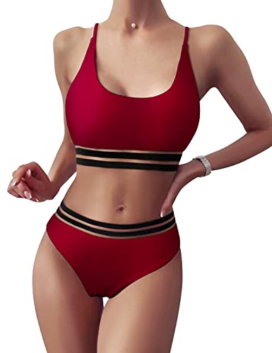 TOMEEK Damen Bikini Set mit Mesh Zweiteilig Badeanzug Push up Gepolstert High Cut Sport Bademode Hohe Taille Bikinis für Frauen(Weinrot,M) von TOMEEK