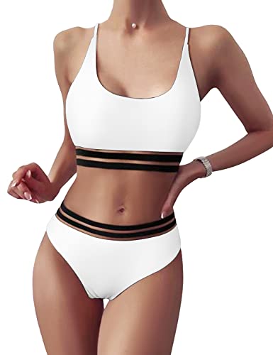 TOMEEK Damen Bikini Set mit Mesh Zweiteilig Badeanzug Push up Gepolstert High Cut Sport Bademode Hohe Taille Bikinis für Frauen(Weiß,M) von TOMEEK