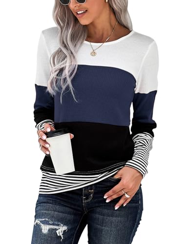 TOMEEK Damen Langarmshirt Gestreifter Rundhalsausschnitt Farbblock Oberteile Lange Top Blusen Tunika Pullover, Navy Blau, Größe M von TOMEEK