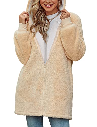 TOMEEK Damen Lange Kapuzen-Fleecejacke Übergröße Teddy-Fleece Mantel, Warme Teddy-Fleece Flauschiger Plüschmantel, Winter Kapuzenjacke Oberbekleidung(Aprikose,XL) von TOMEEK