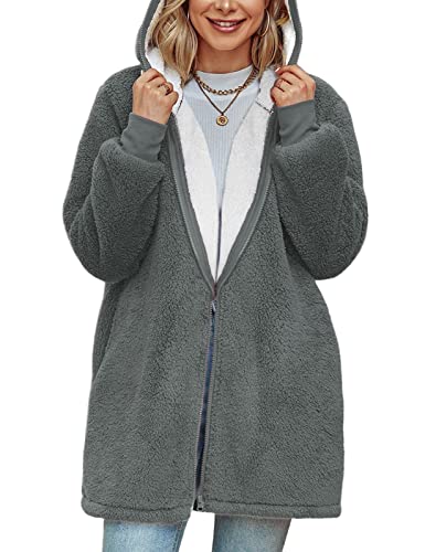 TOMEEK Damen Lange Kapuzen-Fleecejacke Übergröße Teddy-Fleece Mantel, Warme Teddy-Fleece Flauschiger Plüschmantel, Winter Kapuzenjacke Oberbekleidung(Dunkelgrau,S) von TOMEEK