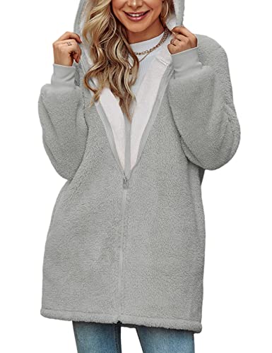TOMEEK Damen Lange Kapuzen-Fleecejacke Übergröße Teddy-Fleece Mantel, Warme Teddy-Fleece Flauschiger Plüschmantel, Winter Kapuzenjacke Oberbekleidung(Grau,M) von TOMEEK