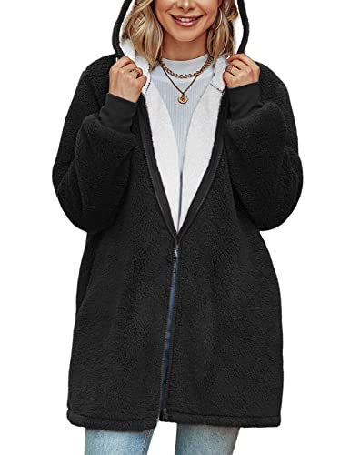 TOMEEK Damen Lange Kapuzen-Fleecejacke Übergröße Teddy-Fleece Mantel, Warme Teddy-Fleece Flauschiger Plüschmantel, Winter Kapuzenjacke Oberbekleidung(Schwarz,M) von TOMEEK
