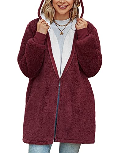TOMEEK Damen Lange Kapuzen-Fleecejacke Übergröße Teddy-Fleece Mantel, Warme Teddy-Fleece Flauschiger Plüschmantel, Winter Kapuzenjacke Oberbekleidung(Weinrot,S) von TOMEEK