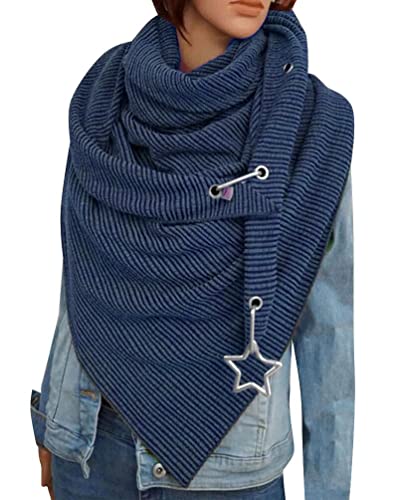 TOMEEK Damen Schal,Winterschal Große Warm Dreieck Schal Halstuch Scarf Deckenschal mit Knopf übergroßer Soft Wrap Winter Shawl Schal Poncho Damenschal Herbstschal(W51-Blau) von TOMEEK