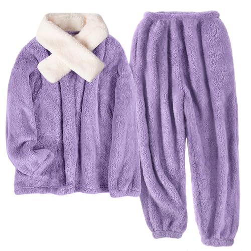TOMEEK Damen Schlafanzug Set Winter Kuscheliger Polar Fleece Freizeitanzug mit Langarm-Oberteil Hose und Schal Gemütliche Nachtwäsche PJS für Frauen(Lila B,XXL) von TOMEEK