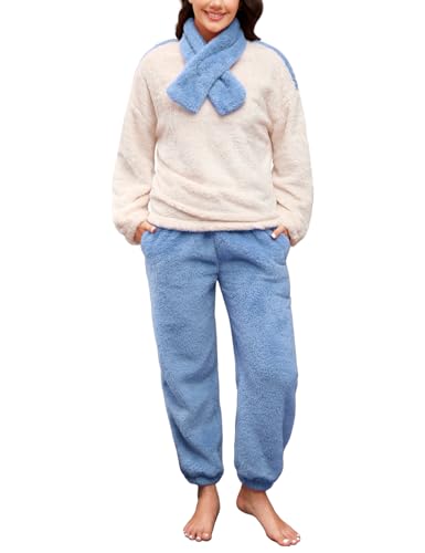 TOMEEK Damen Schlafanzug Set Winter Kuscheliger Polar Fleece Freizeitanzug mit Langarm-Oberteil Hose und Schal Gemütliche Nachtwäsche PJS für Frauen, Blau, XL von TOMEEK