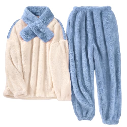 TOMEEK Damen Schlafanzug Set Winter Kuscheliger Polar Fleece Freizeitanzug mit Langarm-Oberteil Hose und Schal Gemütliche Nachtwäsche PJS für Frauen, Blau, XXL von TOMEEK