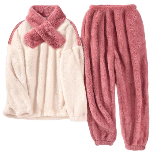 TOMEEK Damen Schlafanzug Set Winter Kuscheliger Polar Fleece Freizeitanzug mit Langarm-Oberteil Hose und Schal Gemütliche Nachtwäsche PJS für Frauen, Orange Rosa, M von TOMEEK