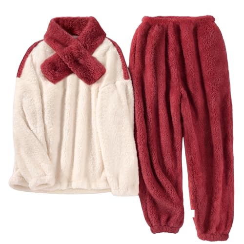 TOMEEK Damen Schlafanzug Set Winter Kuscheliger Polar Fleece Freizeitanzug mit Langarm-Oberteil Hose und Schal Gemütliche Nachtwäsche PJS für Frauen, Rotwein, XXL von TOMEEK